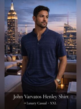 John Varvatos Men’s Blue Space Dye Henley Shirt XXL Luxury